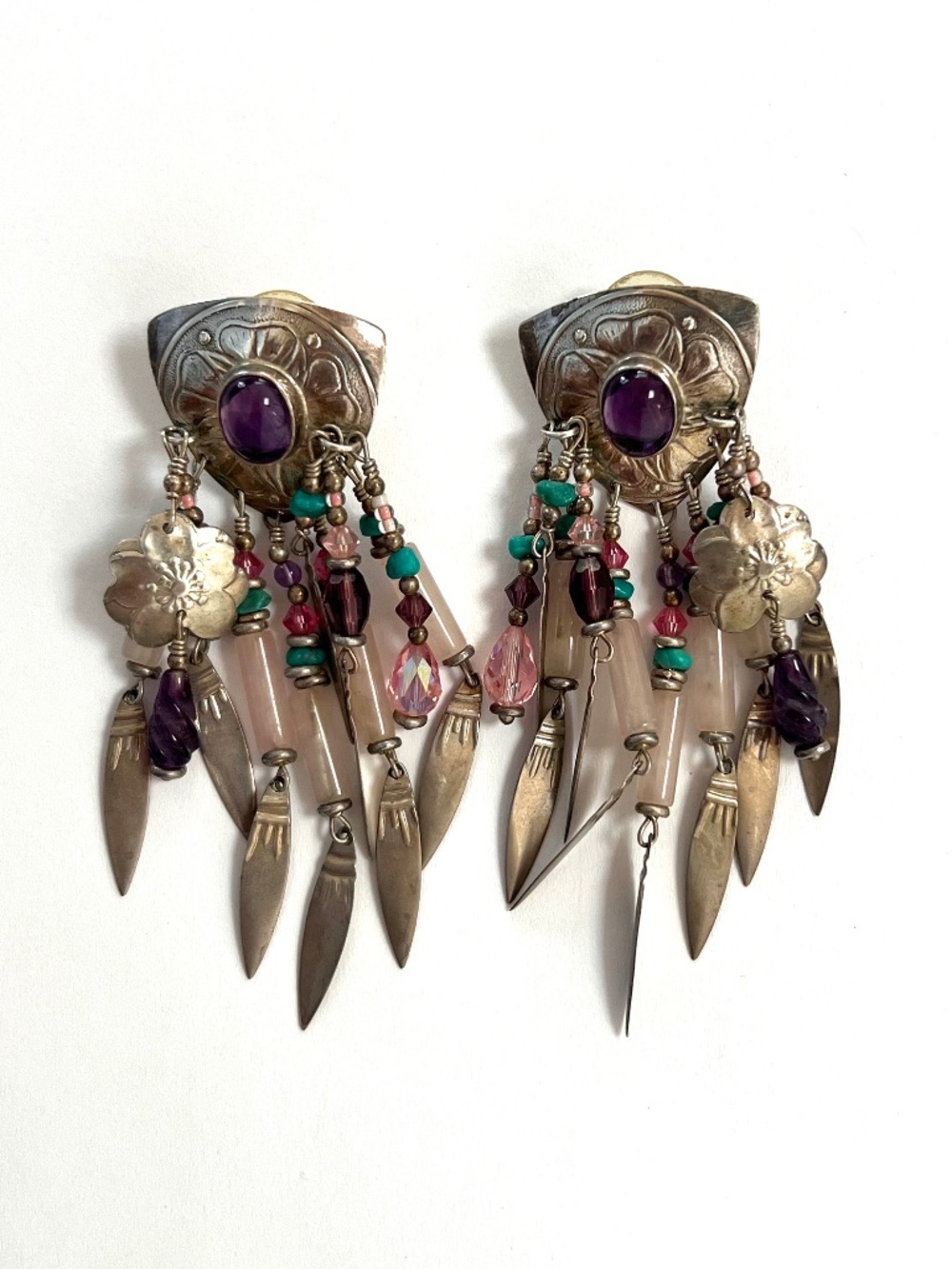 Vintage Tabra Attributed Amethyst Turquoise Chandelier Earrings 3.25"